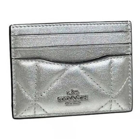 NWT COACH Metallic Silver Quilted Slim ID Card Holder - Picture 1 of 5